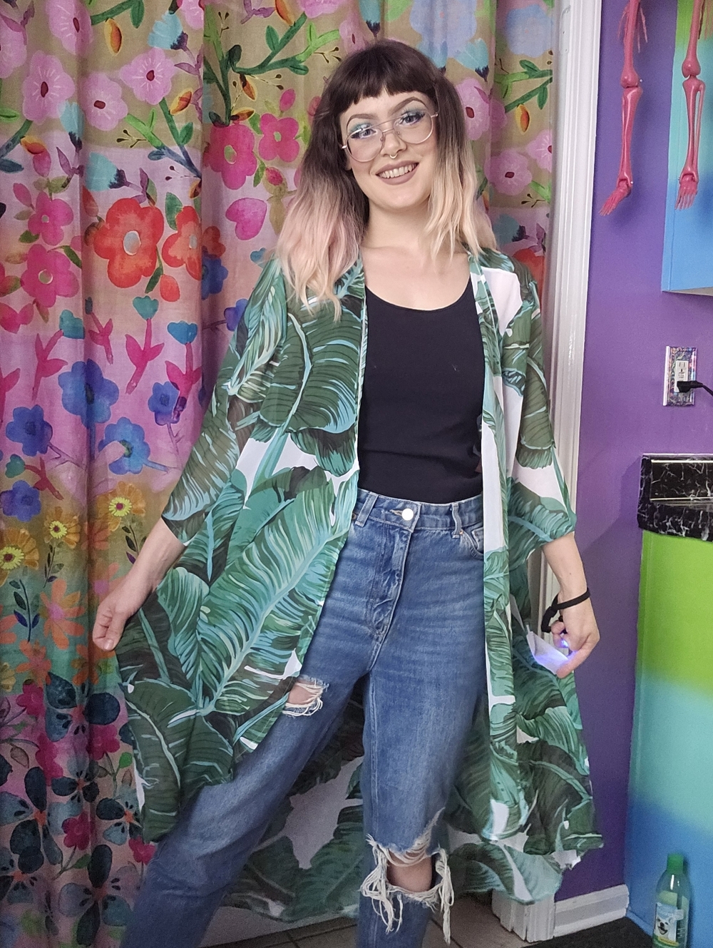 Soul Young Green Leaf Monstera Longline Sheer Shawl Vacation Vibes